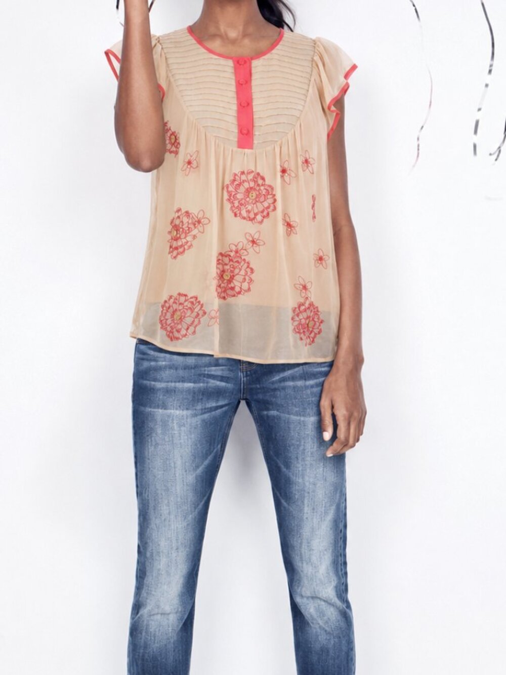 Silk Embroidered Pleated Yoke Blouse (3141)